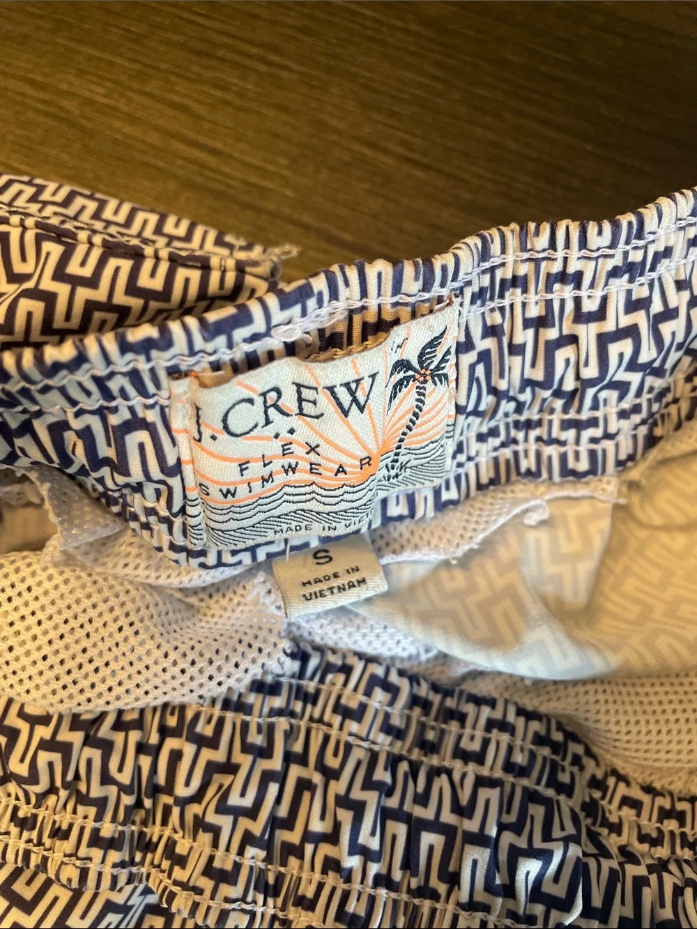 J. Crew White & Navy Geometric Swim Shorts with Teal Drawstring